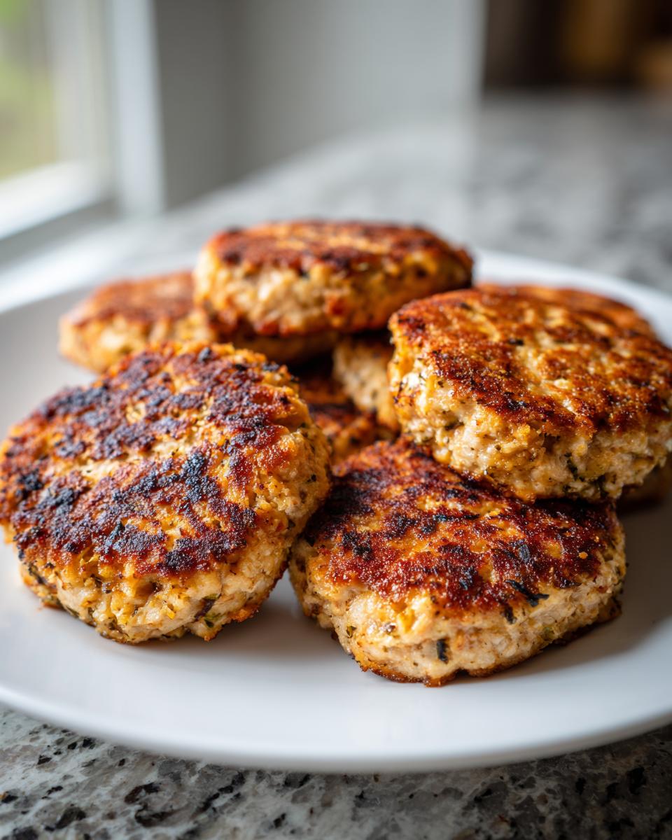 A close-up of a stack of golden brown, pan-fried tuna patties on a white plate.