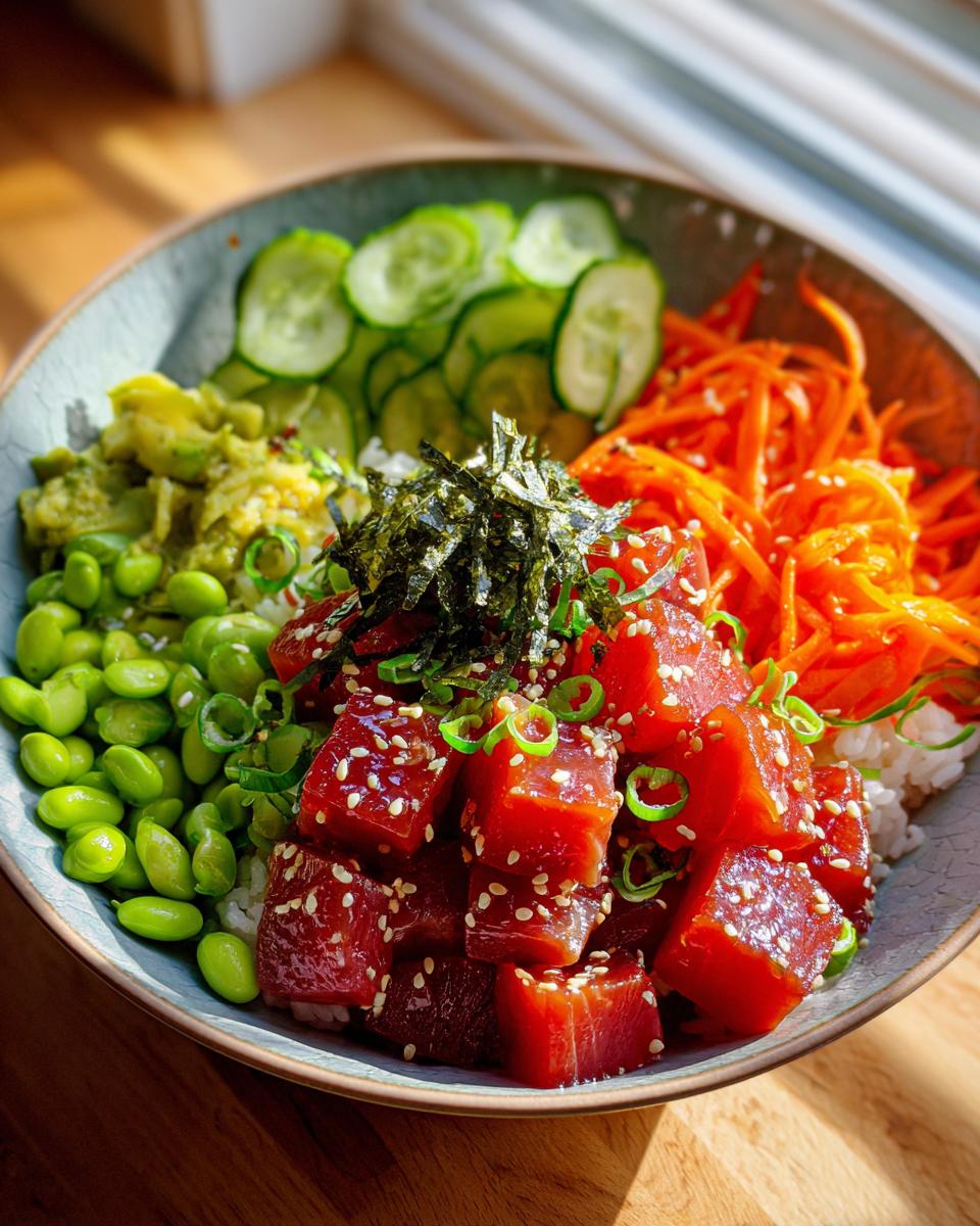 A colorful and fresh Tuna Poke Bowl filled with diced raw tuna, edamame, shredded carrots, sliced cucumbers, and avocado.