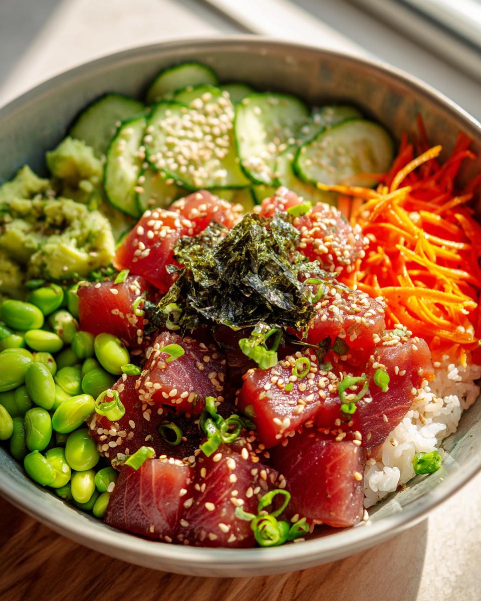 A vibrant Tuna Poke Bowl filled with fresh tuna cubes, edamame, sliced cucumber, shredded carrots, and rice, topped with sesame seeds and nori.