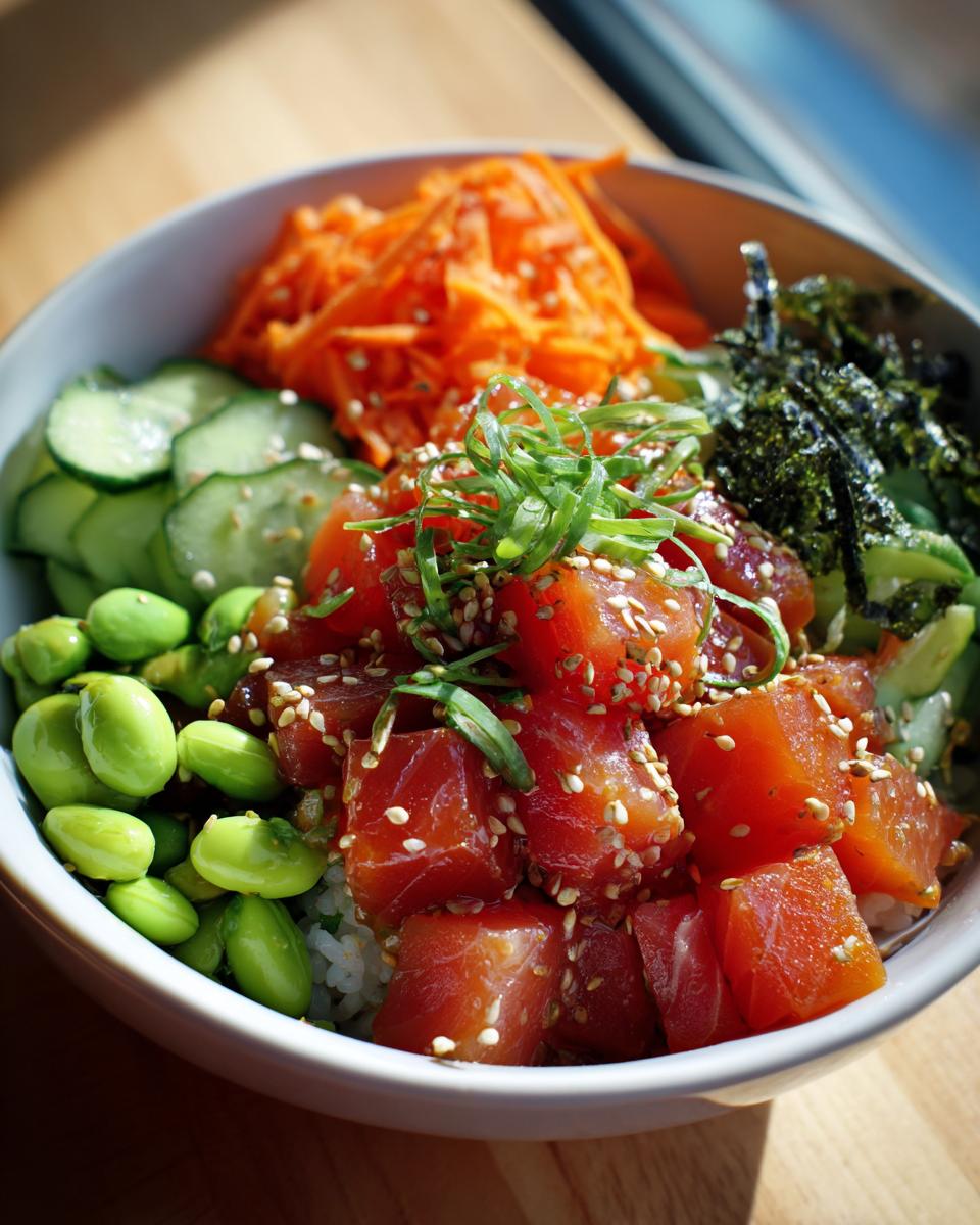 A vibrant Tuna Poke Bowl filled with fresh tuna cubes, edamame, sliced cucumber, shredded carrots, and seaweed.