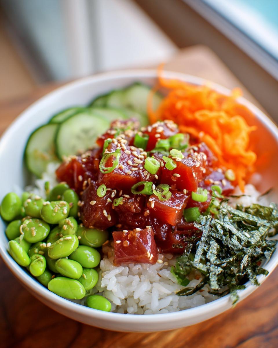 A vibrant Tuna Poke Bowl featuring marinated tuna, edamame, shredded carrots, cucumber slices, and nori over rice.