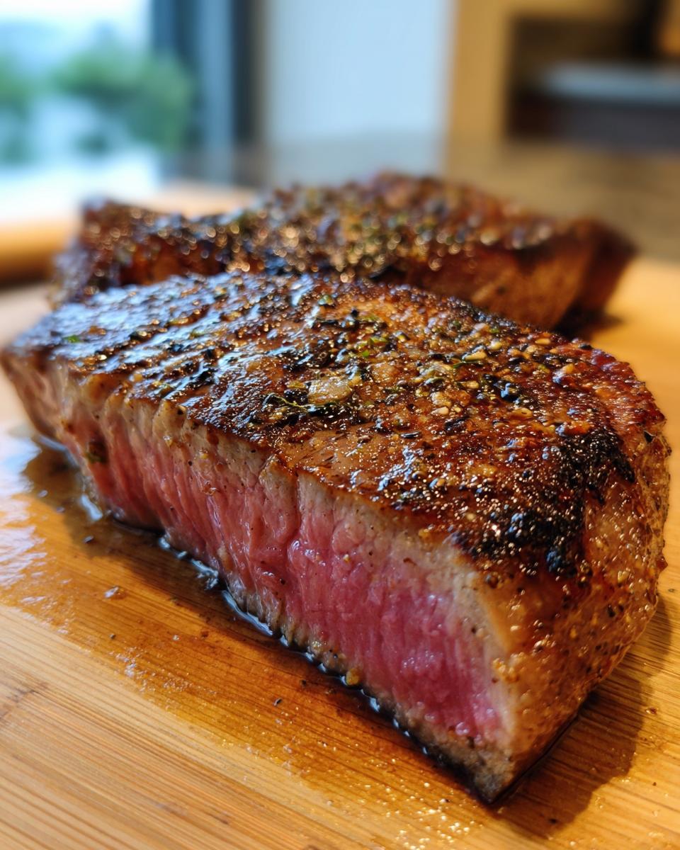 Close-up of a perfectly cooked tuna steak, showcasing its pink, juicy interior and seasoned crust, prepared with a tuna steak marinade.