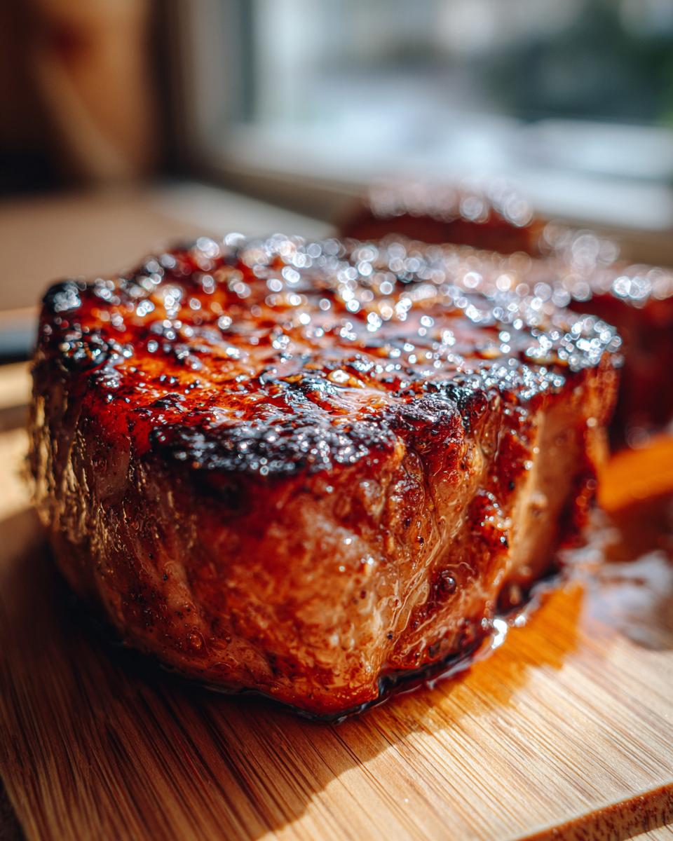 Close-up of a perfectly grilled tuna steak, glistening with a rich marinade glaze.