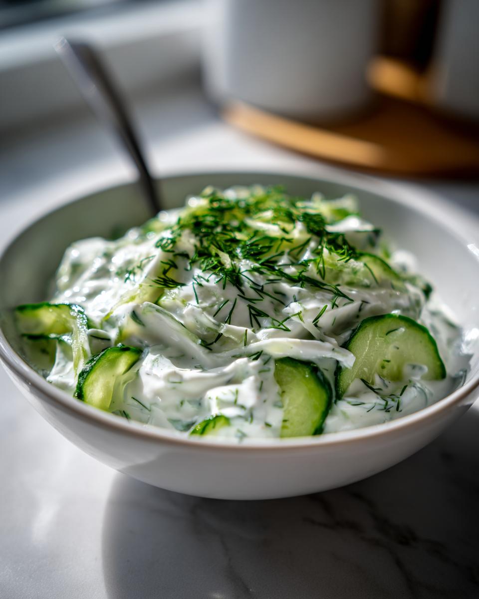 A bowl of creamy 5-minute Tzatziki sauce with sliced cucumbers and fresh dill on top.