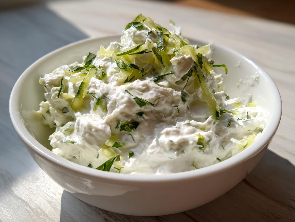 A bowl of creamy homemade Tzatziki sauce with shredded cucumber and fresh herbs.