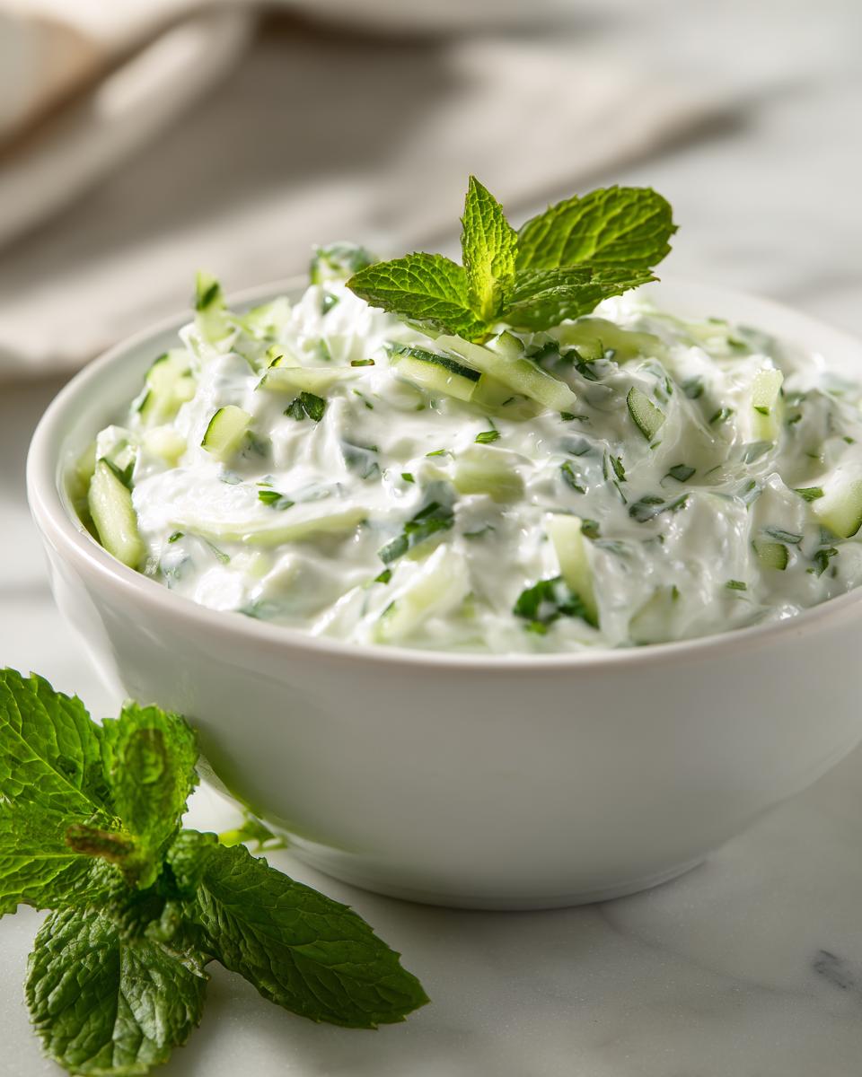 A close-up of a white bowl filled with creamy Tzatziki sauce, featuring chopped cucumber, herbs, and a mint sprig garnish.