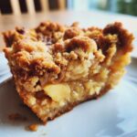 A close-up of a moist slice of apple crumble, showing tender baked apples and a golden, crumbly topping.