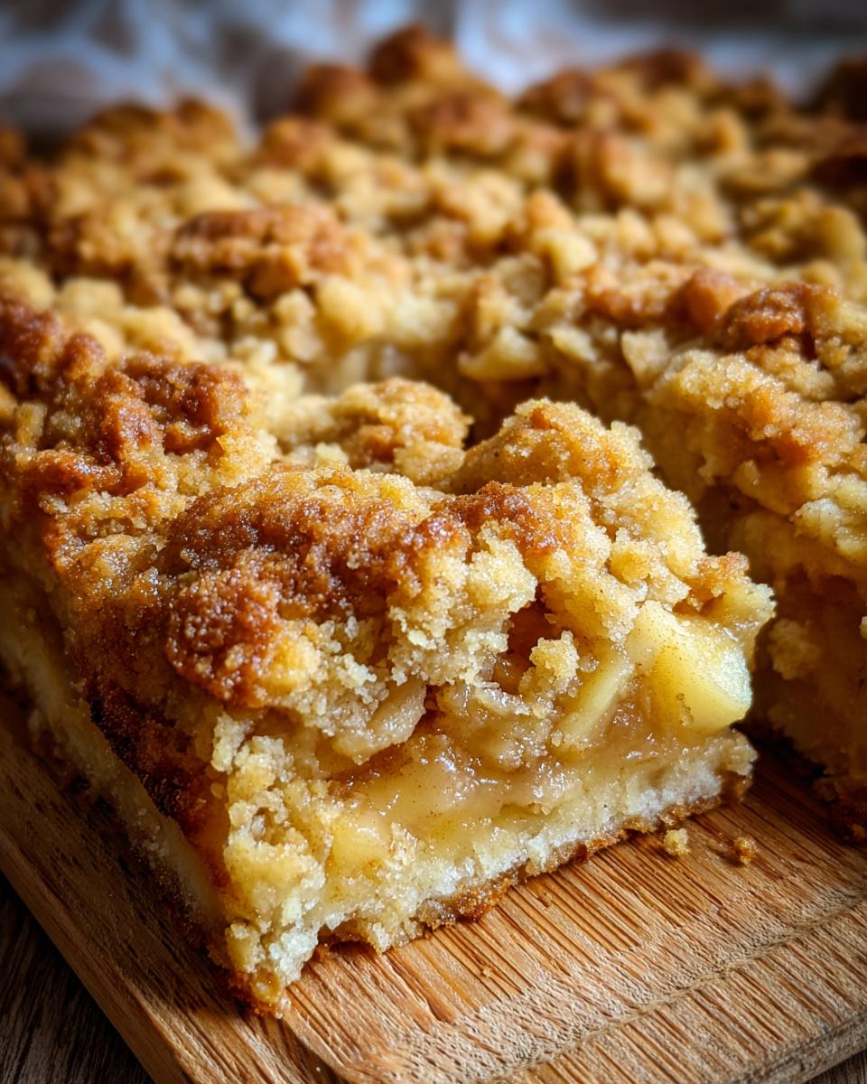 A close-up of a warm apple crumble slice on a wooden board, showcasing the tender apple filling and crumbly topping.