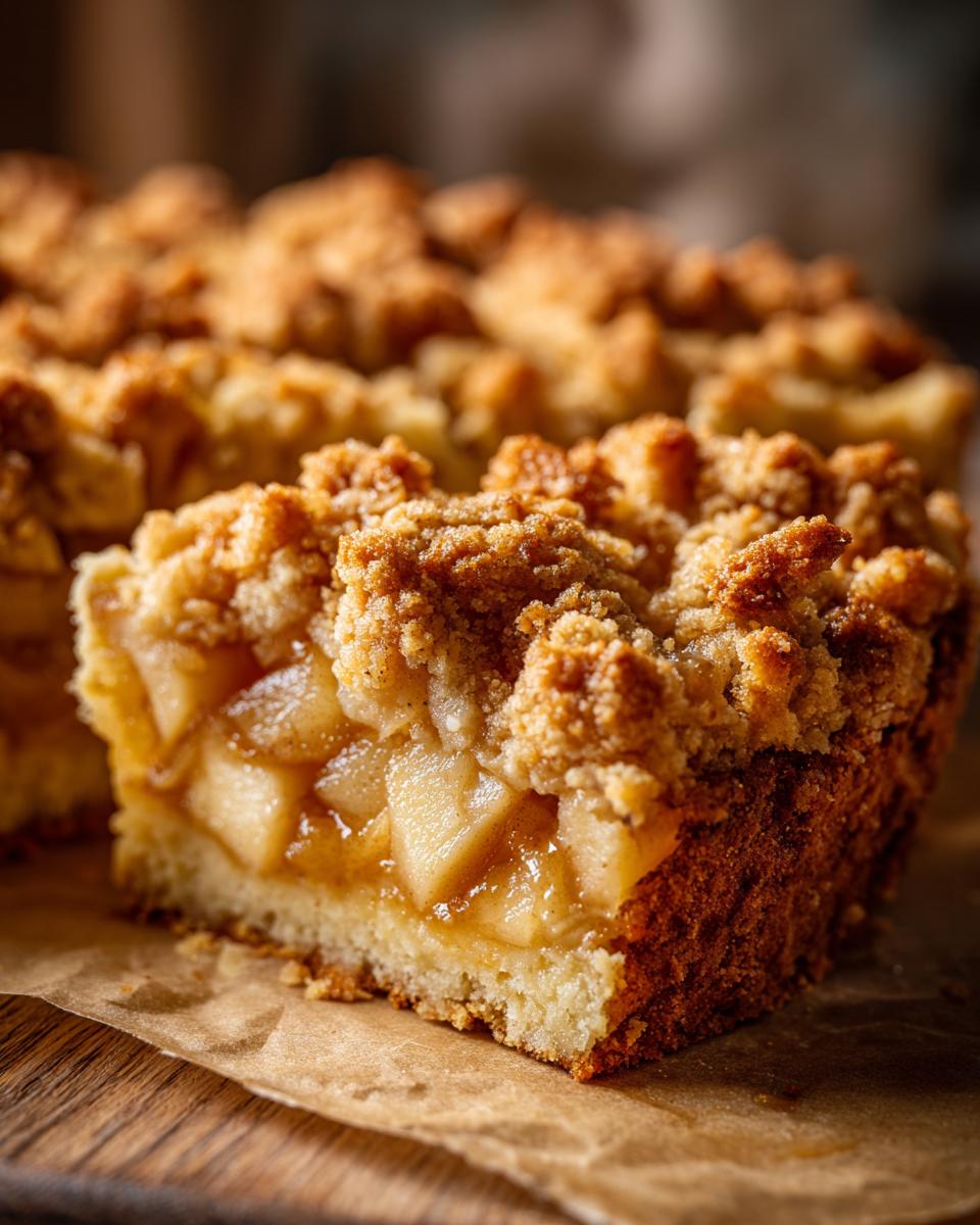 A close-up of a slice of warm apple crumble, showcasing tender apple filling and a golden, crumbly topping.
