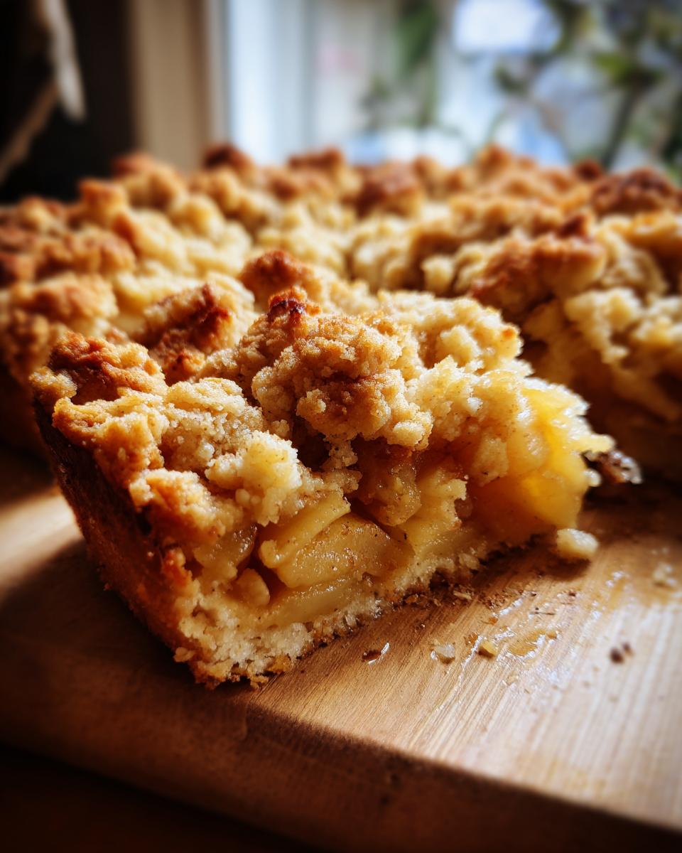 A close-up shot of a slice of warm apple crumble, showing the tender baked apples and golden streusel topping.