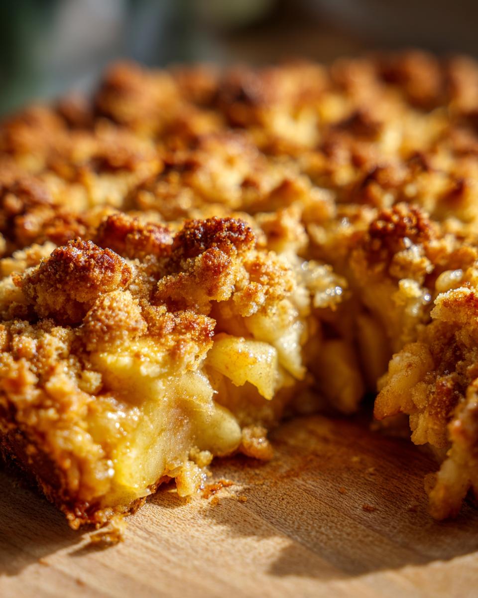 A close-up of a warm apple crumble slice, showing tender baked apples and a golden, crumbly topping.