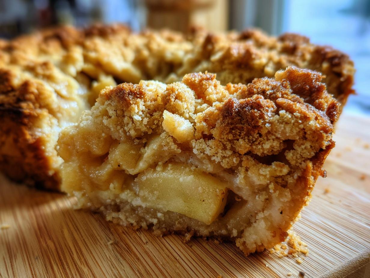 A close-up of a slice of warm apple crumble, showing tender baked apples and a golden, crumbly topping.