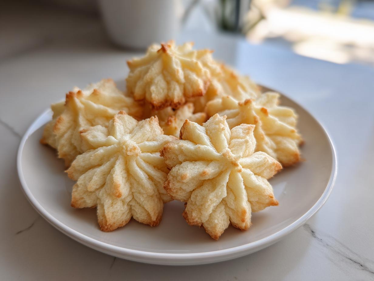 A plate of golden-brown whipped shortbread cookies shaped like flowers, ready to be enjoyed.