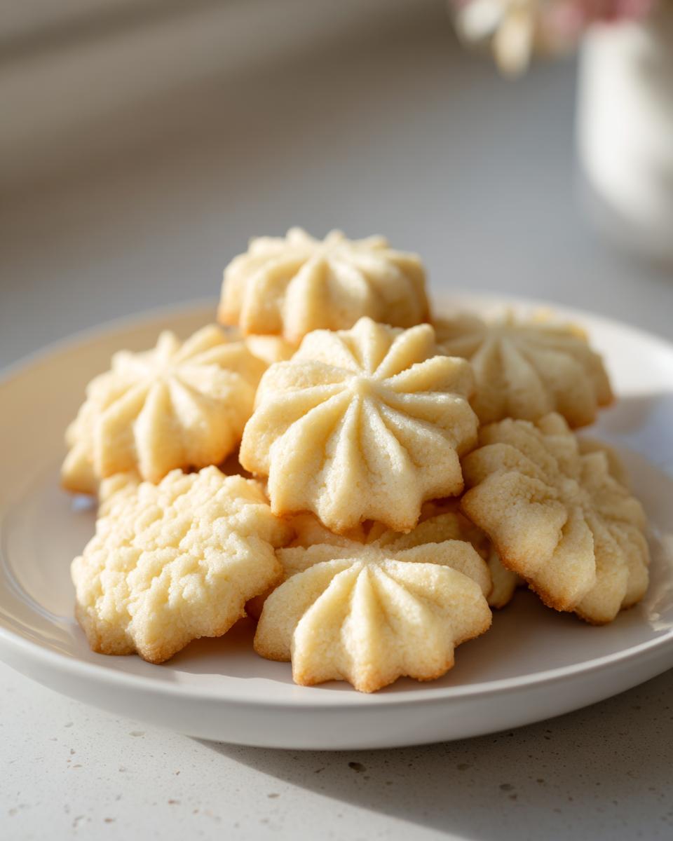 A close-up of a stack of golden-brown whipped shortbread cookies on a white plate, showcasing their delicate star shape.