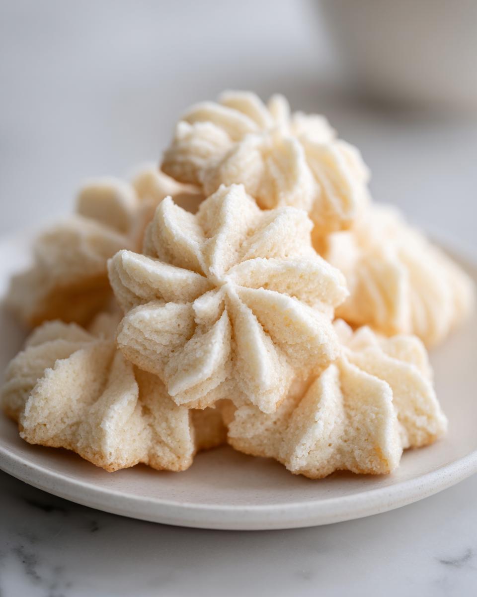 A close-up of delicate, star-shaped whipped shortbread cookies piled on a plate.