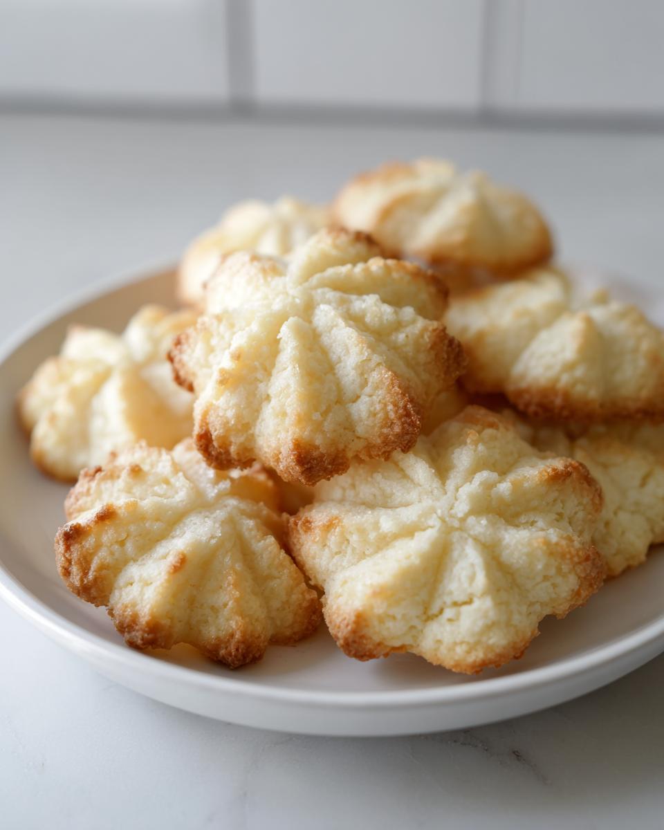 A pile of golden-brown whipped shortbread cookies with a star-like shape on a white plate.