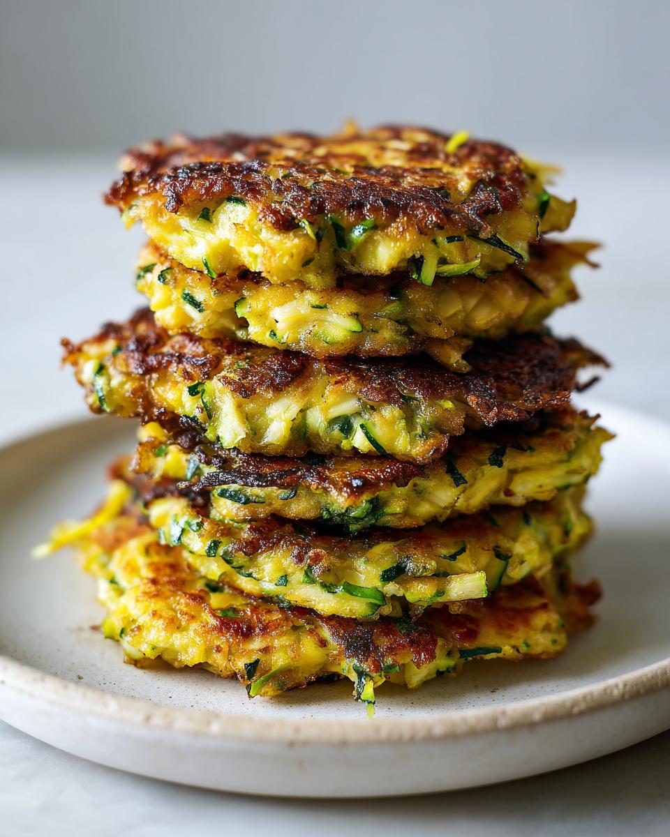 A tall stack of golden brown zucchini fritters, showcasing shredded zucchini and crispy edges.