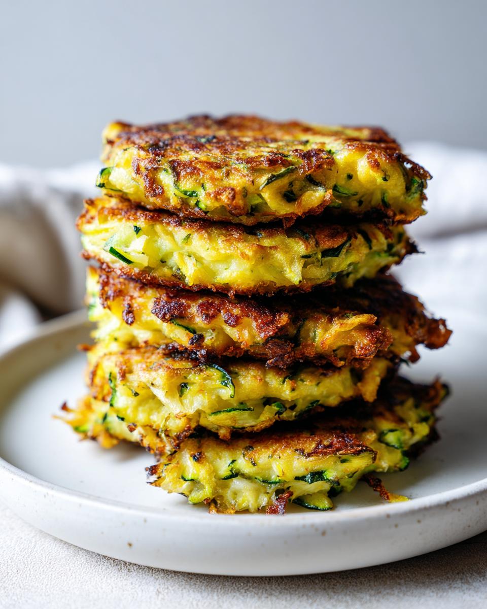 A tall stack of crispy, golden-brown zucchini fritters on a white plate, showcasing their texture and green zucchini shreds.