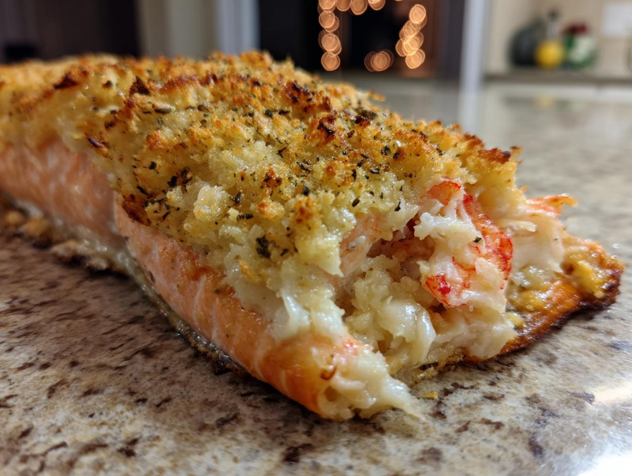 A close-up view of baked stuffed salmon, showing the flaky pink fish and creamy seafood filling under a golden, herbed breadcrumb crust.