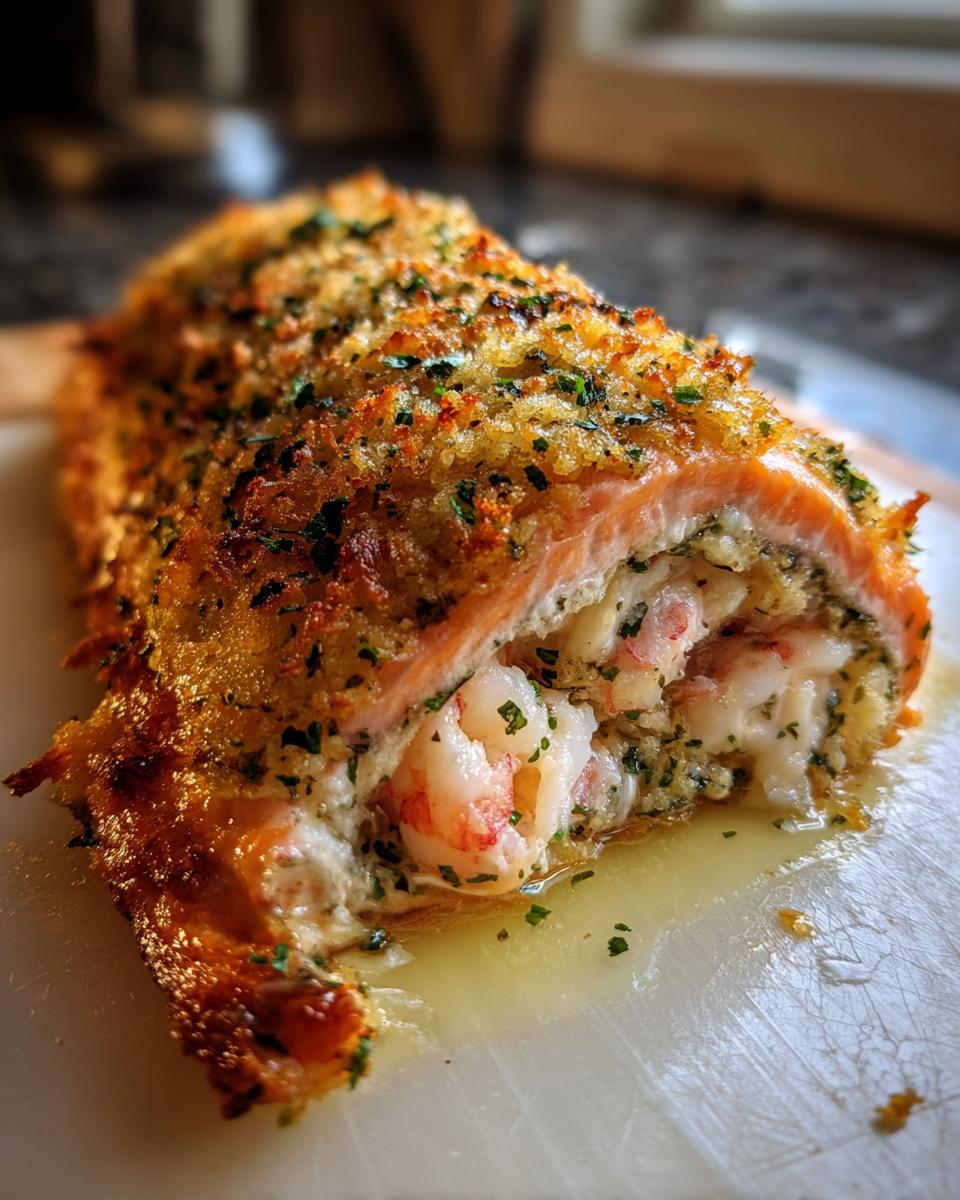 Cross-section view of a perfectly baked stuffed salmon roll filled with shrimp and herbs, featuring a crispy, golden crust.