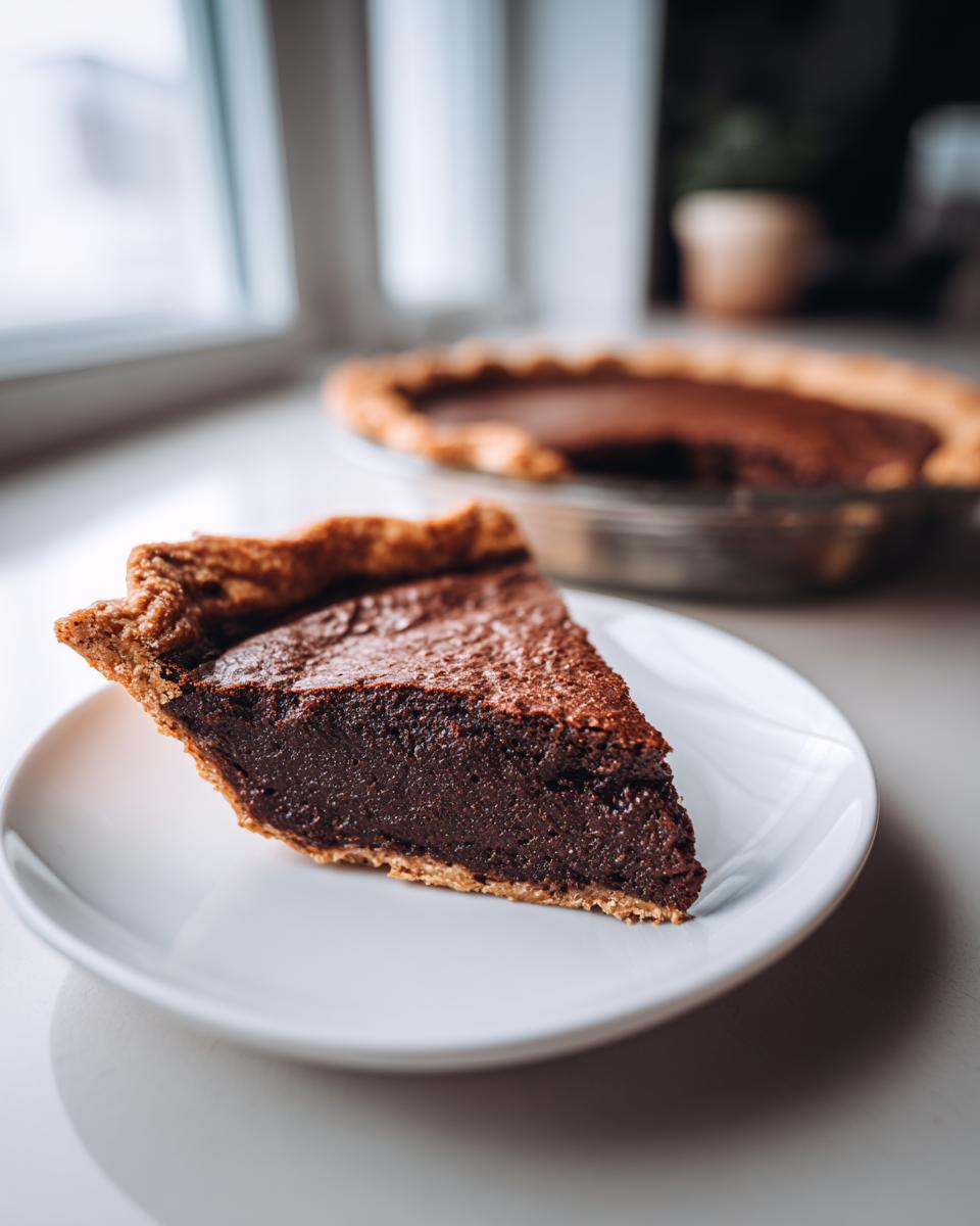 A close-up of a thick slice of dark chocolate fudge pie on a white plate, with the rest of the fudge pie blurred in the background.