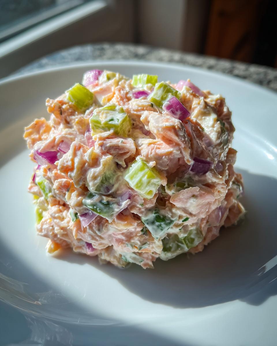 A mound of creamy salmon salad mixed with diced celery and red onion served on a white plate.