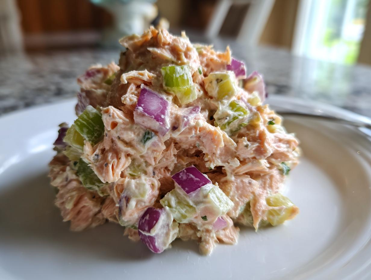 A close-up mound of creamy salmon salad mixed with diced celery and red onion served on a white plate.