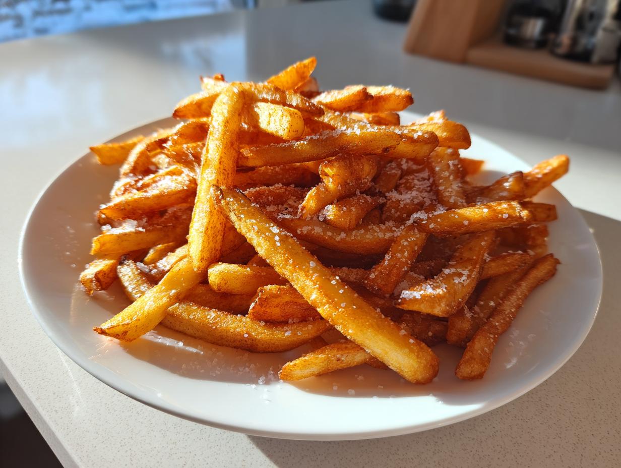 A white plate piled high with golden brown, crispy air fryer french fries sprinkled with coarse salt.