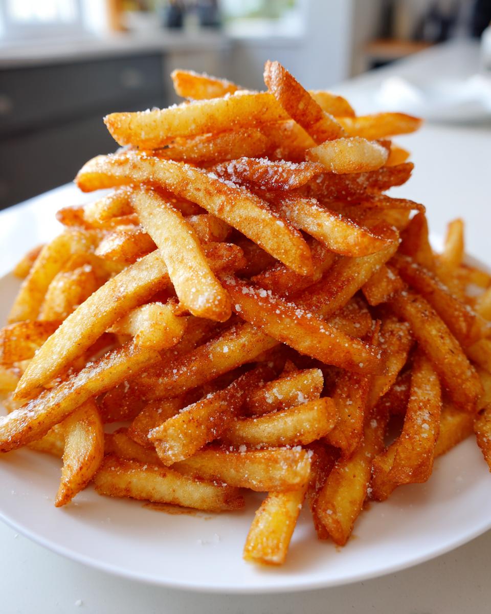 A tall pile of golden brown, crispy air fryer french fries dusted with white seasoning on a white plate.