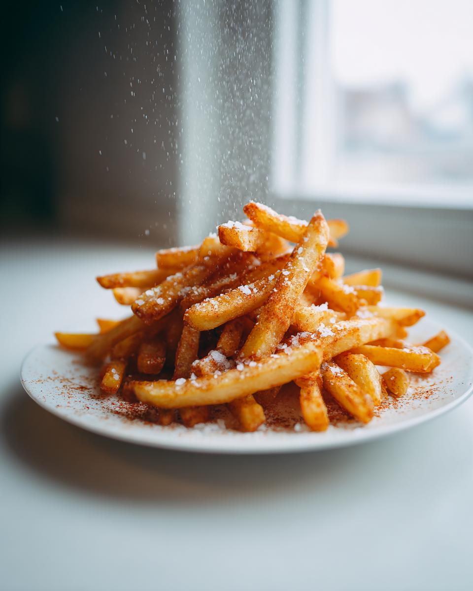 Close-up of golden air fryer french fries being sprinkled with salt or seasoning.