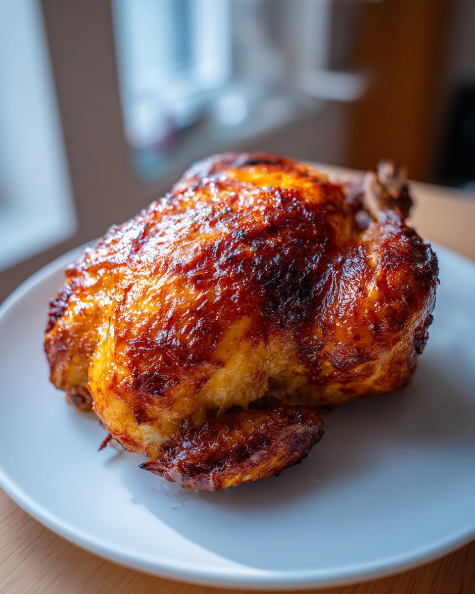 A perfectly cooked, golden-brown air fryer whole chicken resting on a white plate.