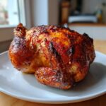 A perfectly cooked, golden-brown air fryer whole chicken with crispy, seasoned skin resting on a white plate.