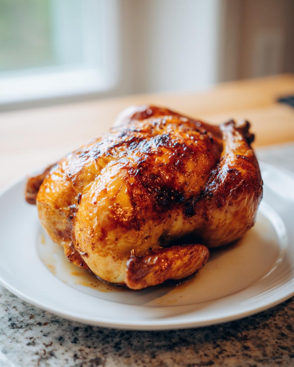 A beautifully browned and juicy air fryer whole chicken resting on a white plate, showing crispy skin.