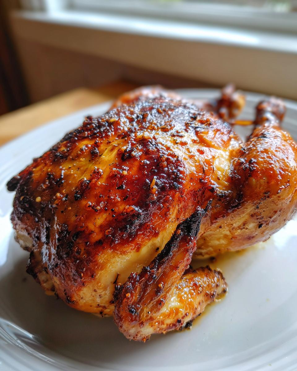 A beautifully roasted, crispy-skinned air fryer whole chicken resting on a white plate, showing glistening brown seasoning.