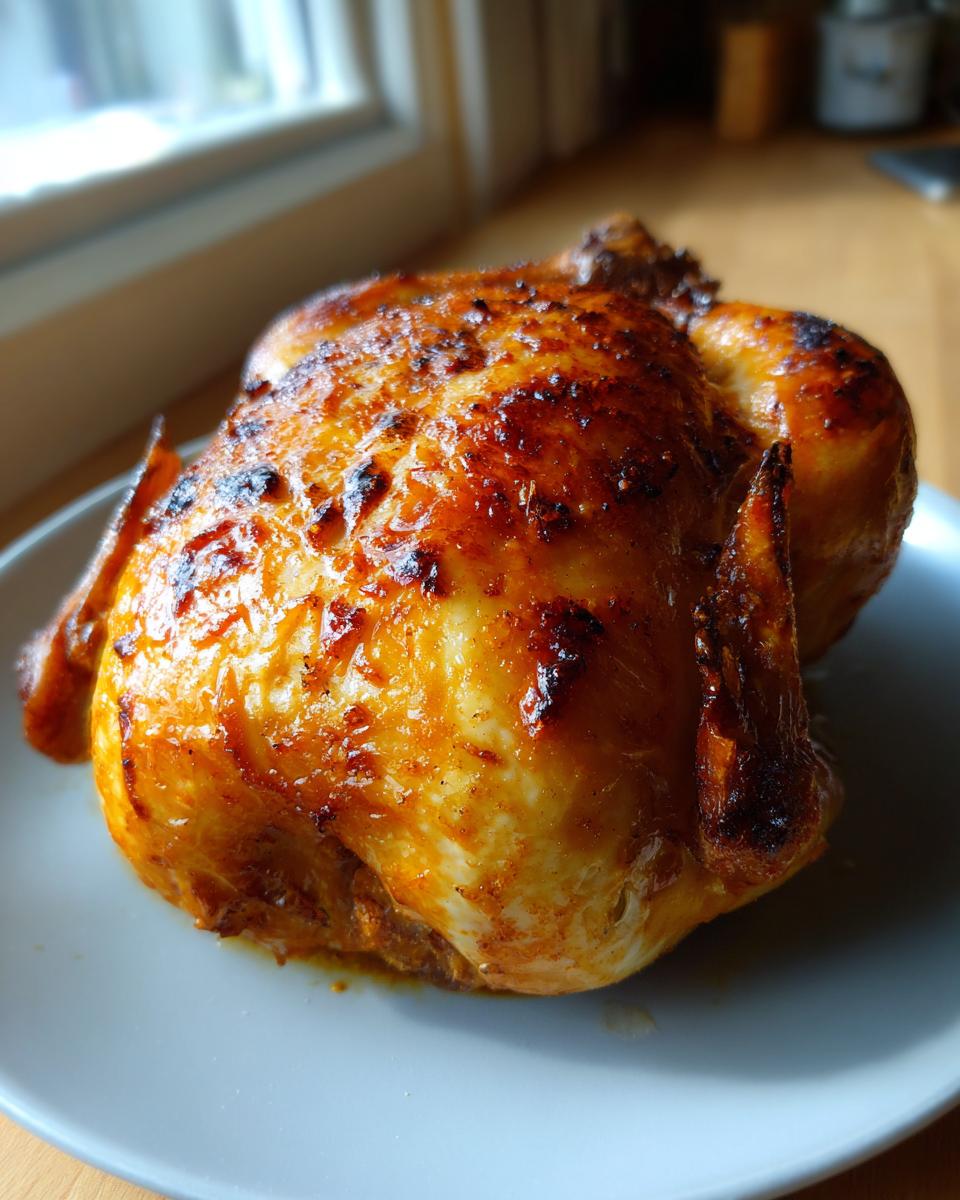 A beautifully browned and crispy air fryer whole chicken resting on a light gray plate indoors.