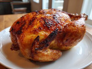 A whole roasted chicken with deeply browned, crispy skin resting on a white plate, cooked using the air fryer whole chicken method.