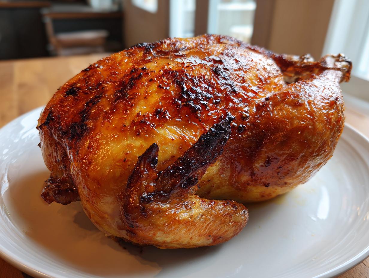 A whole roasted chicken with deeply browned, crispy skin resting on a white plate, cooked using the air fryer whole chicken method.