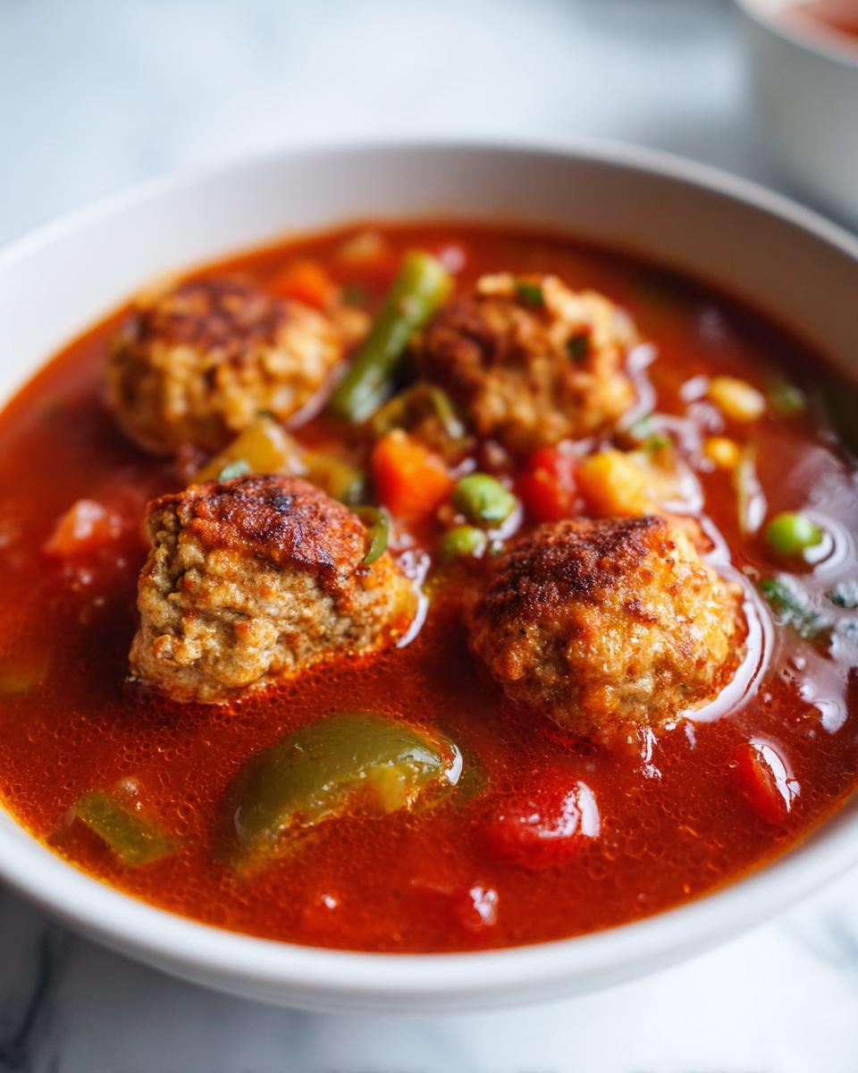 Close-up of a white bowl filled with rich, red albondigas soup featuring browned meatballs and mixed vegetables like peas and peppers.