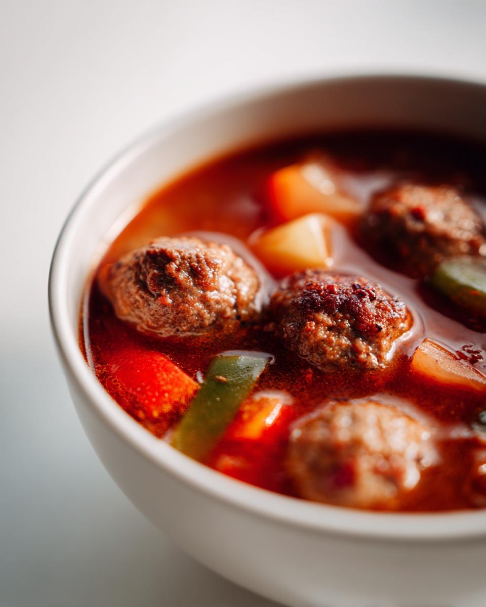 Close-up of a white bowl filled with rich, red broth albondigas soup featuring meatballs and chunks of vegetables.