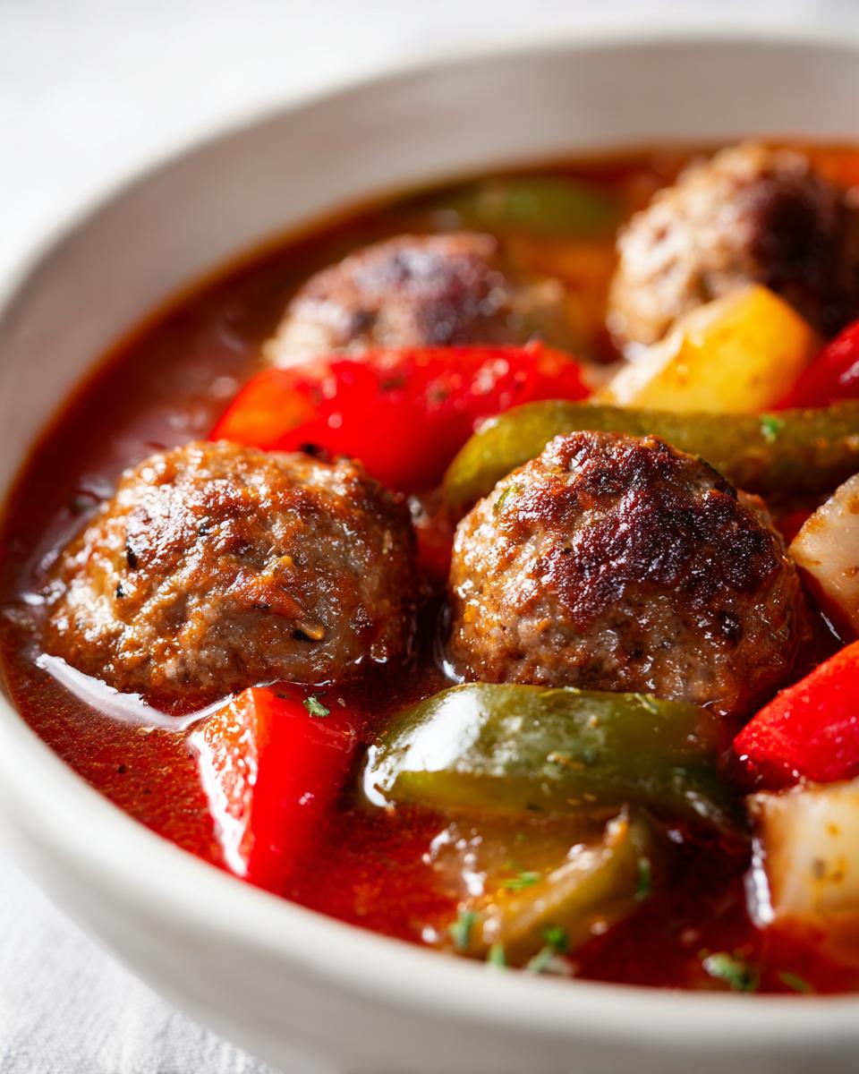 Close-up shot of rich, red broth albondigas soup featuring browned meatballs, chunks of red and green peppers, and potatoes.