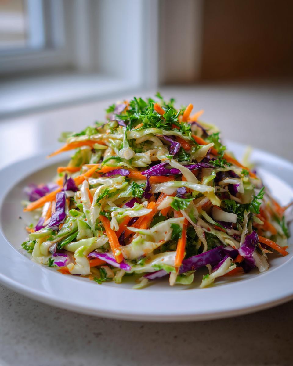 A vibrant mound of colorful cabbage salad featuring shredded green and purple cabbage, carrots, and parsley garnish.