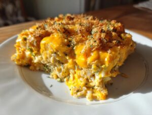A close-up view of a serving of creamy, cheesy vegetable casserole topped with golden breadcrumbs.