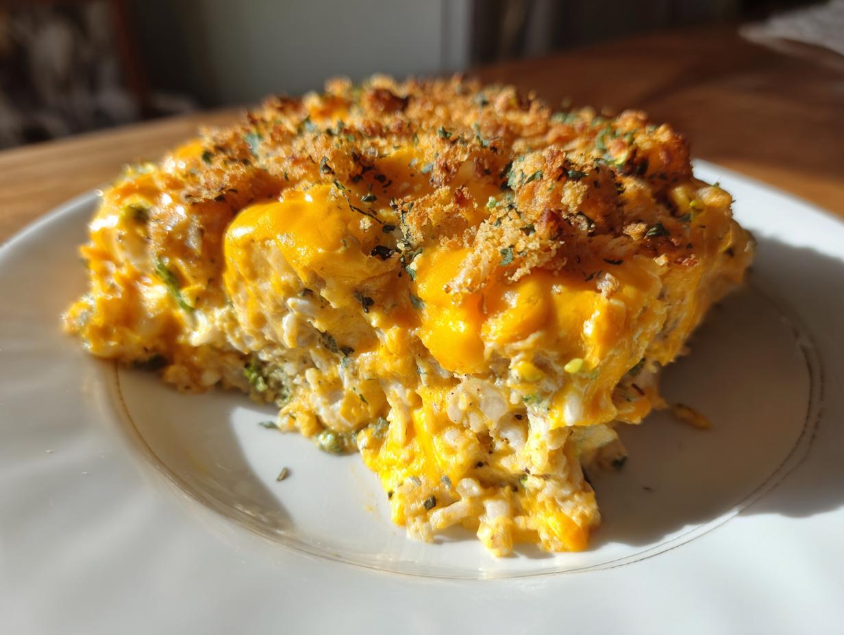 A close-up view of a serving of creamy, cheesy vegetable casserole topped with golden breadcrumbs.