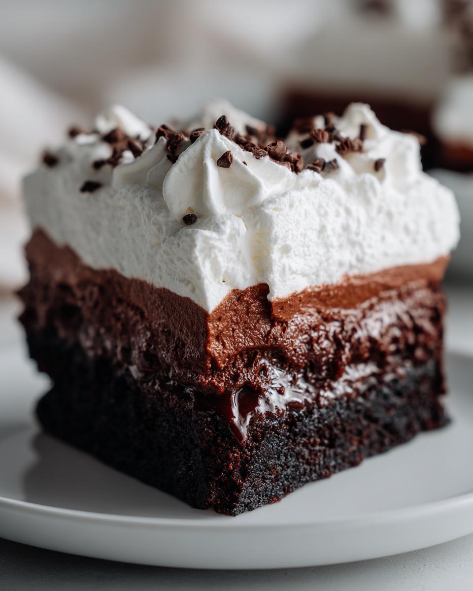 Close-up of a decadent slice of 4 layer mud pie showing a dark chocolate base, chocolate mousse, whipped cream, and chocolate shavings.
