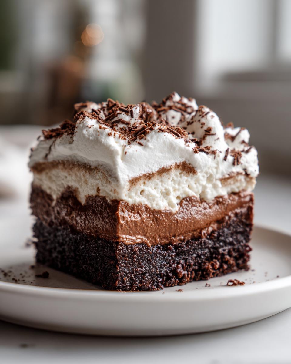 Close-up of a square slice of 4 layer mud pie with a brownie base, chocolate mousse, cream layer, and whipped topping.