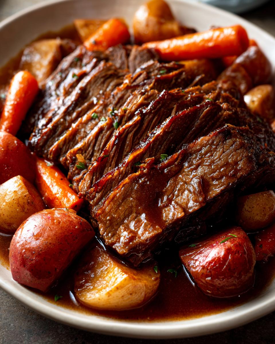 Close-up of perfectly sliced, tender pot roast surrounded by carrots and red potatoes in rich brown gravy.