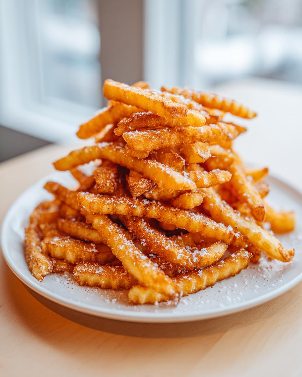 A tall stack of golden, crinkle-cut air fryer french fries dusted with powdered sugar on a white plate.