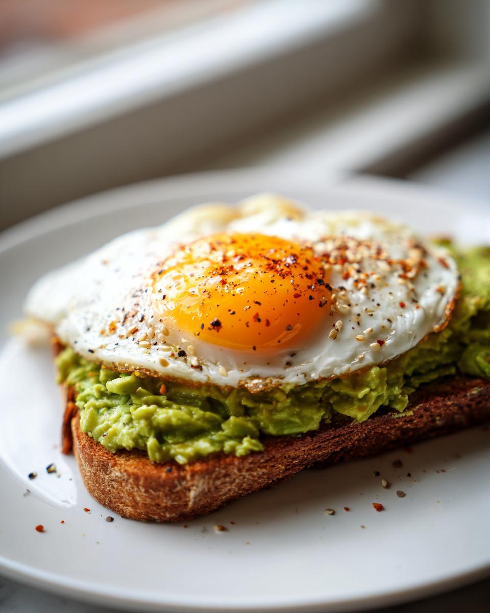 Close-up of delicious avocado toast topped with a sunny-side-up egg and everything bagel seasoning.