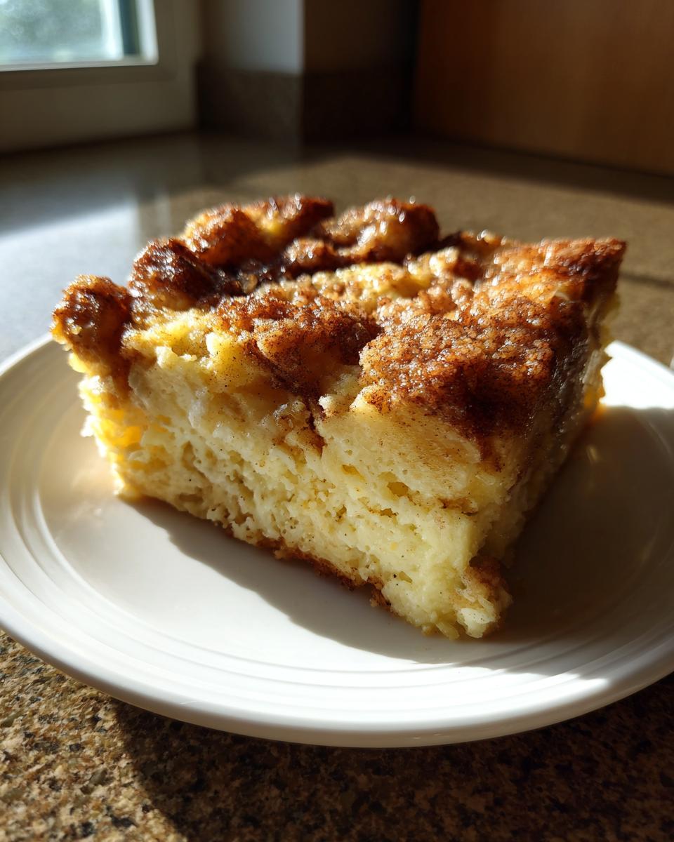 A square slice of moist baked french toast with a crispy, cinnamon-sugar topping on a white plate.