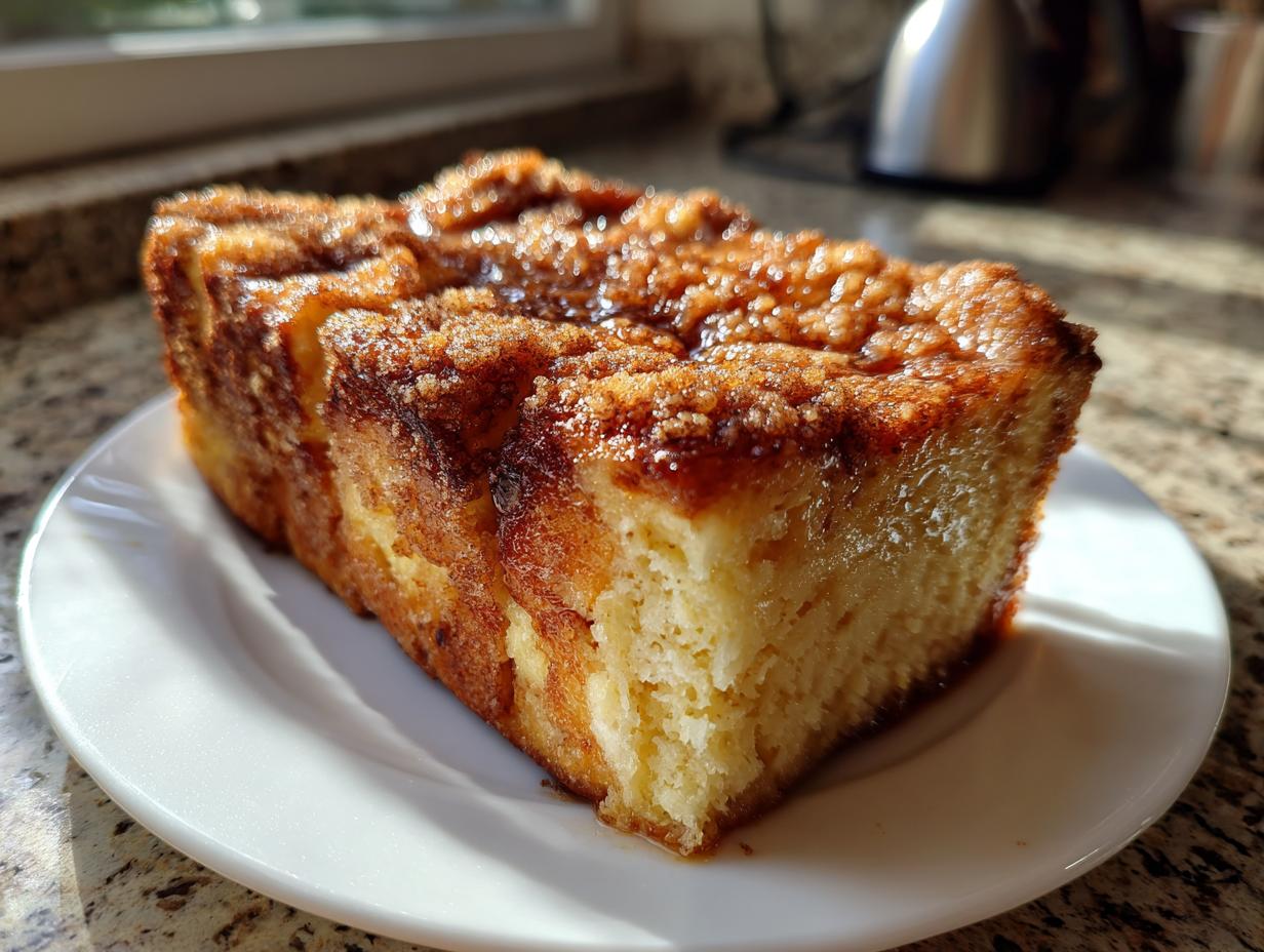 A thick, golden slice of baked french toast with a caramelized, sugary cinnamon crust, served on a white plate.